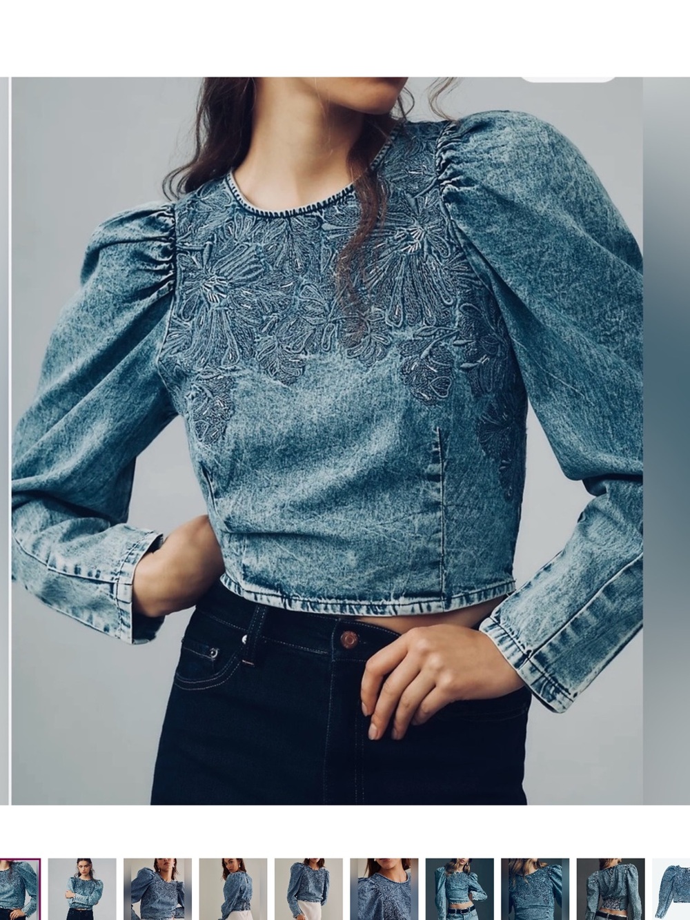 Denim Floral Embroidered Puff Sleeve Top